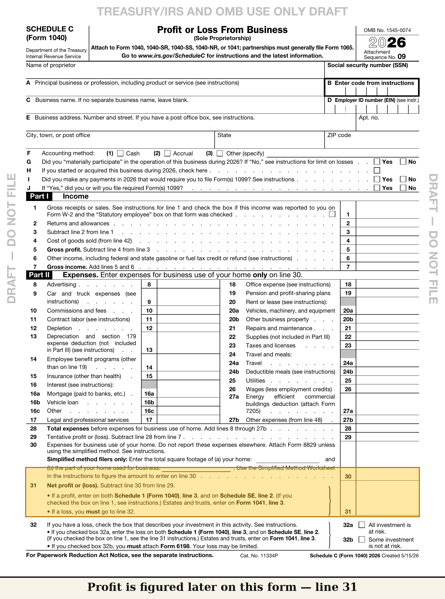 Schedule C full-page draft, greyed, with three callouts: "Profit is figured later on this form — line 31" / "The payer's own filing test is the payer's paperwork" / "State taxes: not covered"
