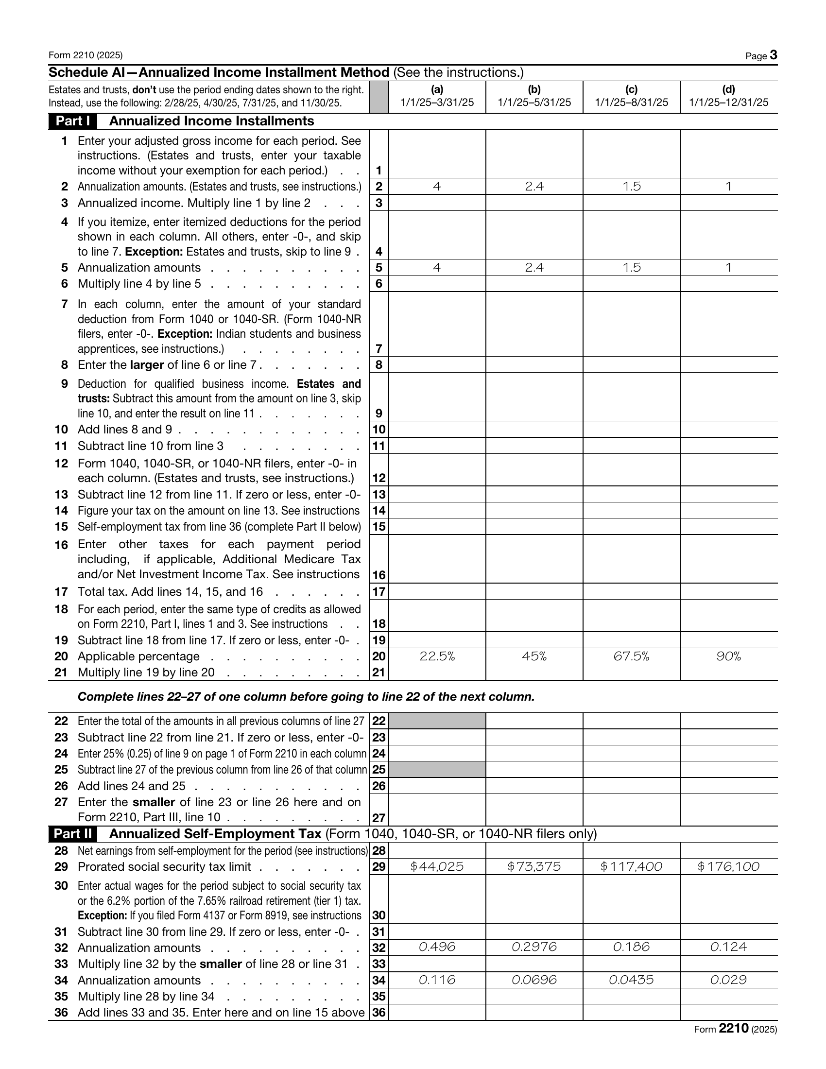 Schedule AI (2025) full page, Part I. Columns (a)–(d) highlighted in turn