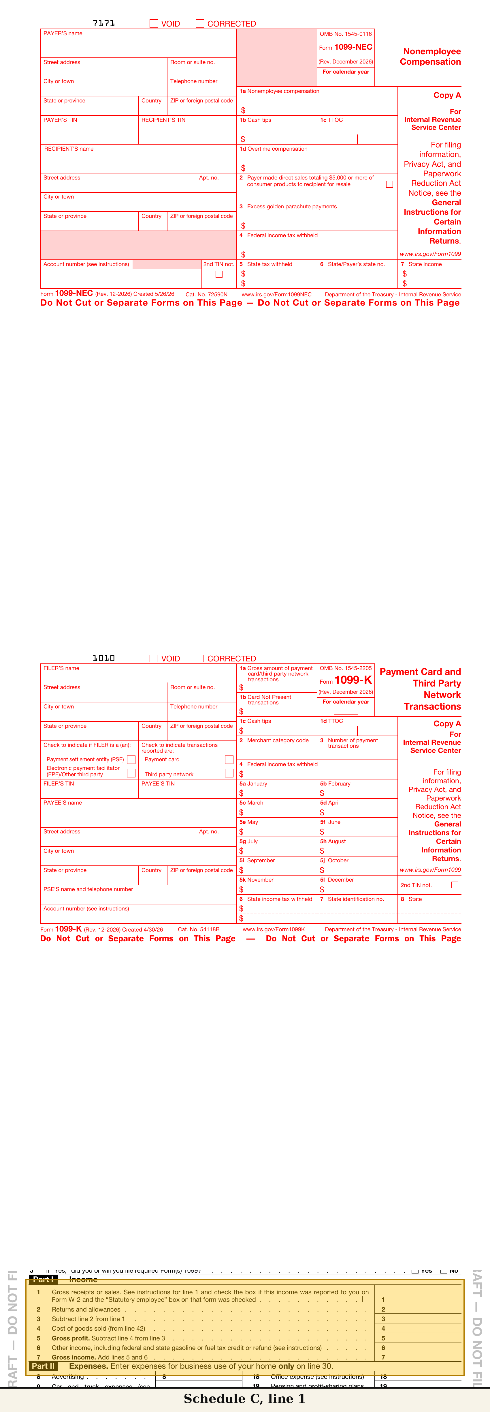 Two document captures side by side — Form 1099-NEC and Form 1099-K — with an arrow from each converging on a Schedule C line 1 capture below