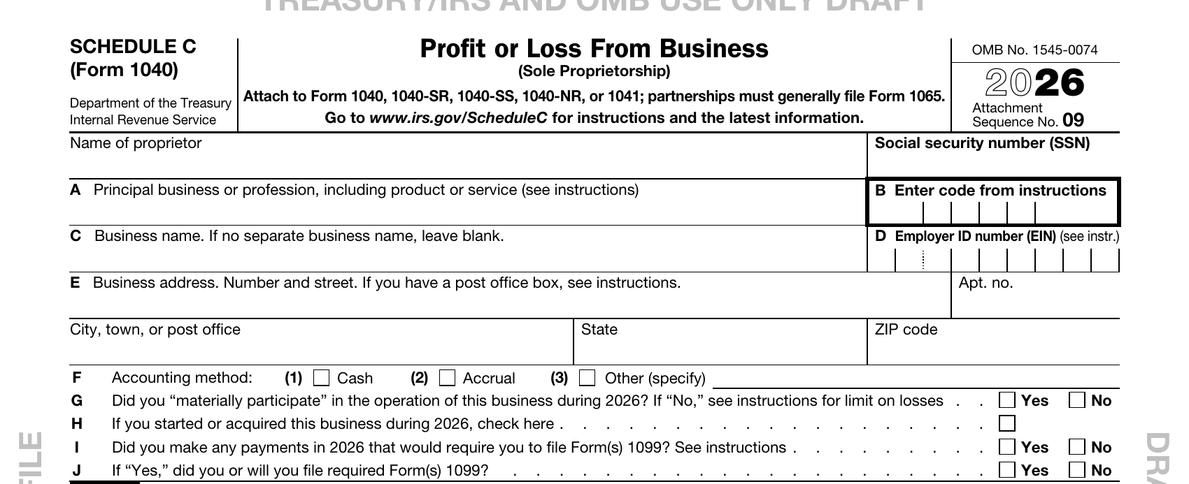 Schedule C (draft) header zoomed — items I and J highlighted. Split card below: left "As a recipient: a client's $2,000 decides whether a form arrives"; right "As a payer: your $2,000 to a subcontractor decides whether you issue one"